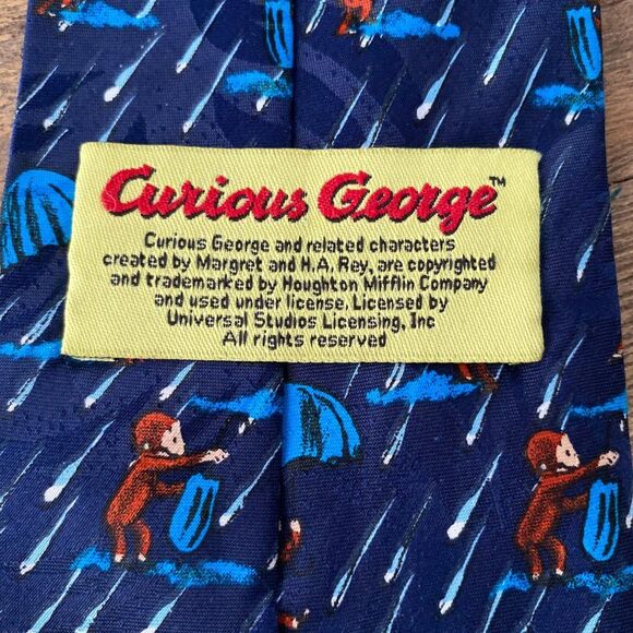 Curious George Rain Umbrella Cartoon 100% Polyester Neck Tie - Picture 2 of 3